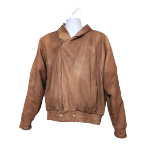 Vintage‎ Leather Large Bomber Jacket Asymmetrical Zipper USA